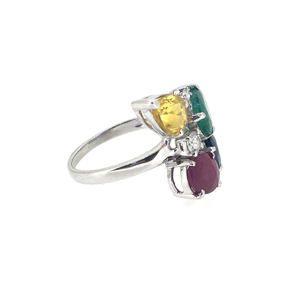 5.85ct emerald & Ruby & Sapphire & 0.24ct 3 round Stones Dia. G/VS-SI Ring