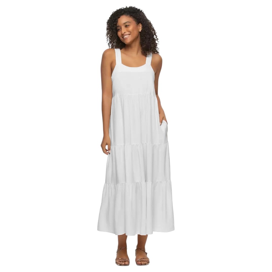 JEZEBEL Women's Tiered Dress, Size L, White. NB: faint minor marks/stains.
