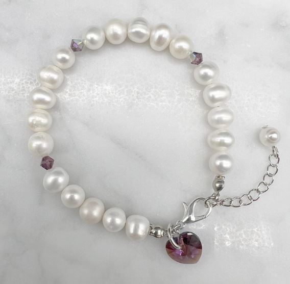 7-8mm Potato & Baroque Pearl Amethyst Shimmer Swarovski® Heart Bracelet