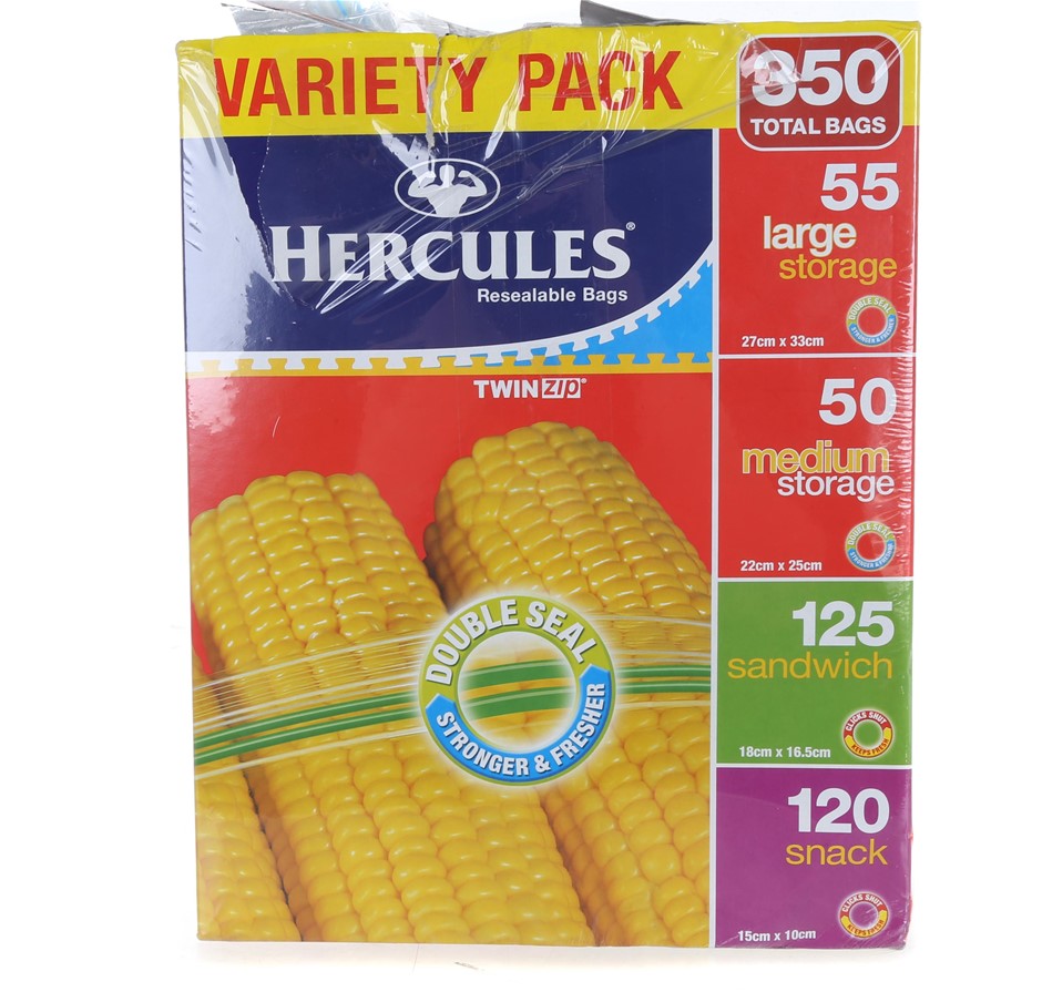 HERCULES Click Zip (Variety Box) Resealable Bags 350pk. N.B. Damaged packag