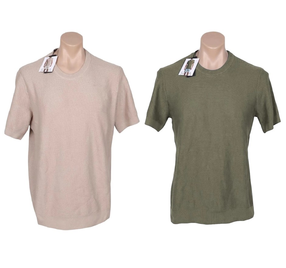 2 x SABA Men's Knitted Textured Tees, Size XL, 100% Cotton, Stone & Green/O