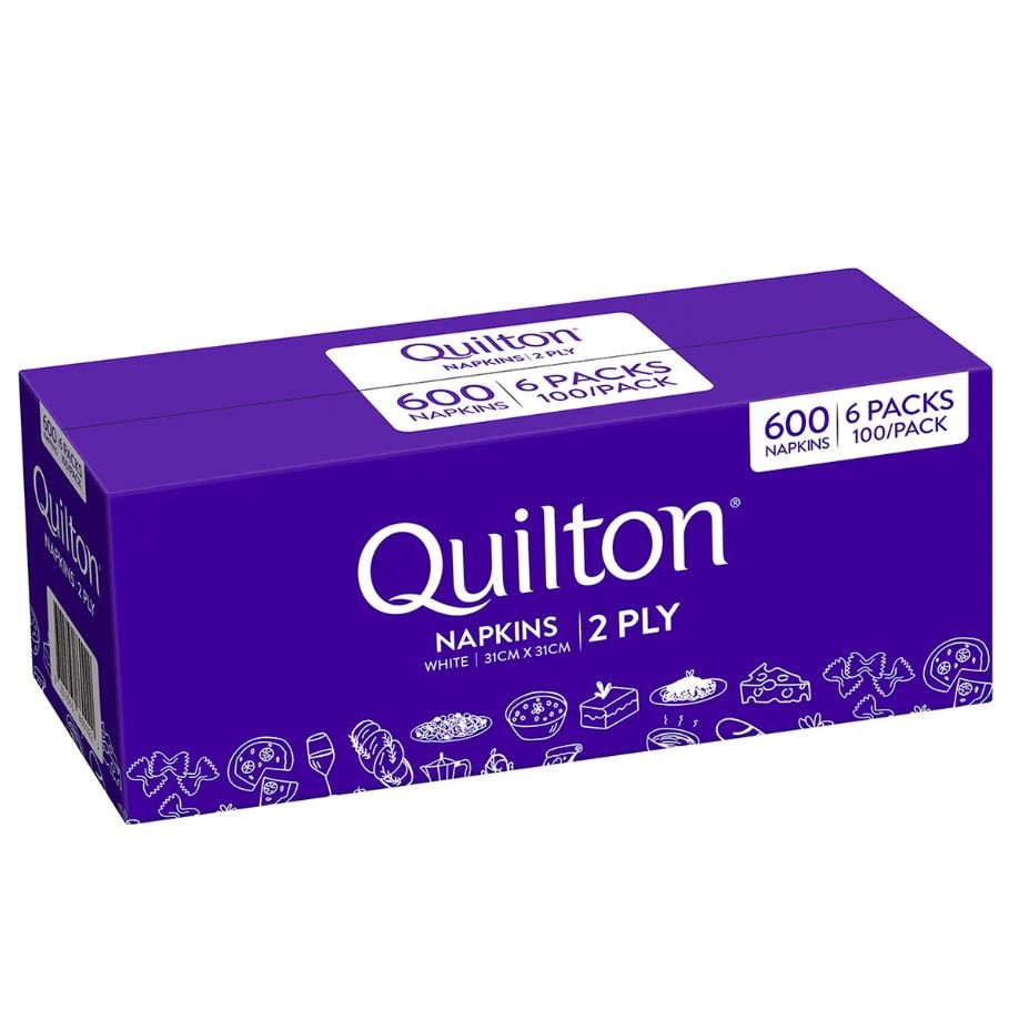 Box of 600pc QUILTON 2 Ply White Napkins, 31cm x 31cm. NB: Damaged Packagin