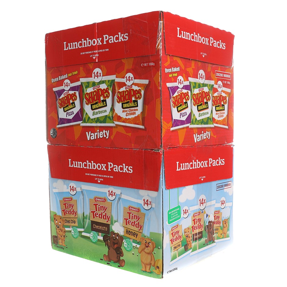 2 Boxes x ARNOTTS 42pk Shapes & Tiny Teddies. NB: Damaged box & approx. 10