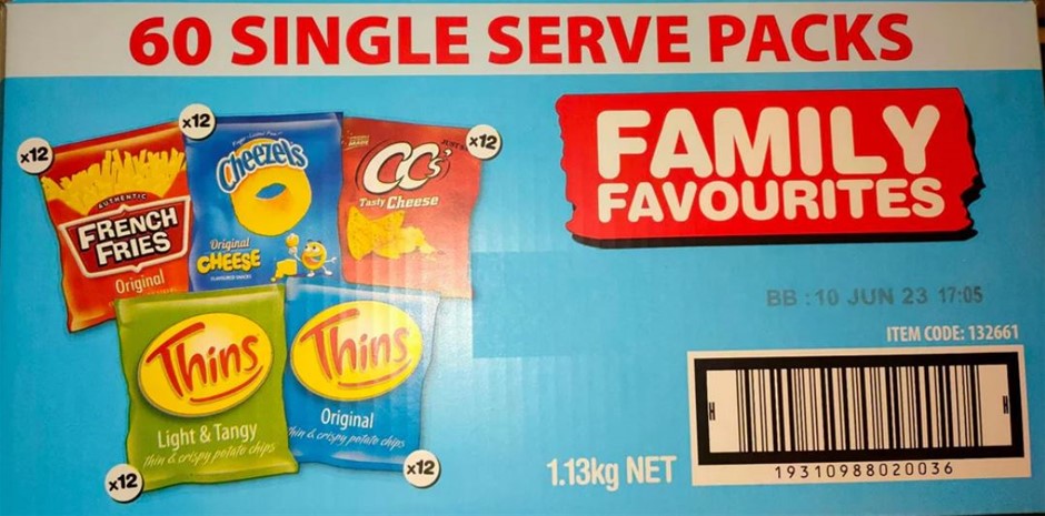 3 x 60pk FAMILY FAVOURITES Single Serve Packs, 1.13kg. NB: Damaged packagin