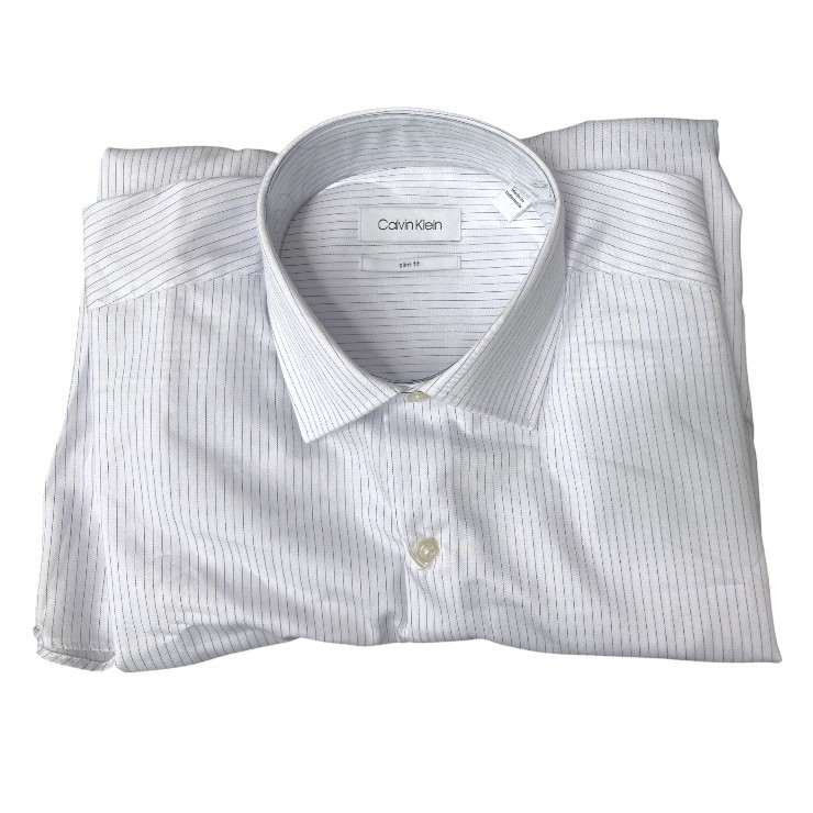 CALVIN KLEIN Men's Steel+ Slim Shirt, Size 39/86, 60% Cotton, ThinStripe Na