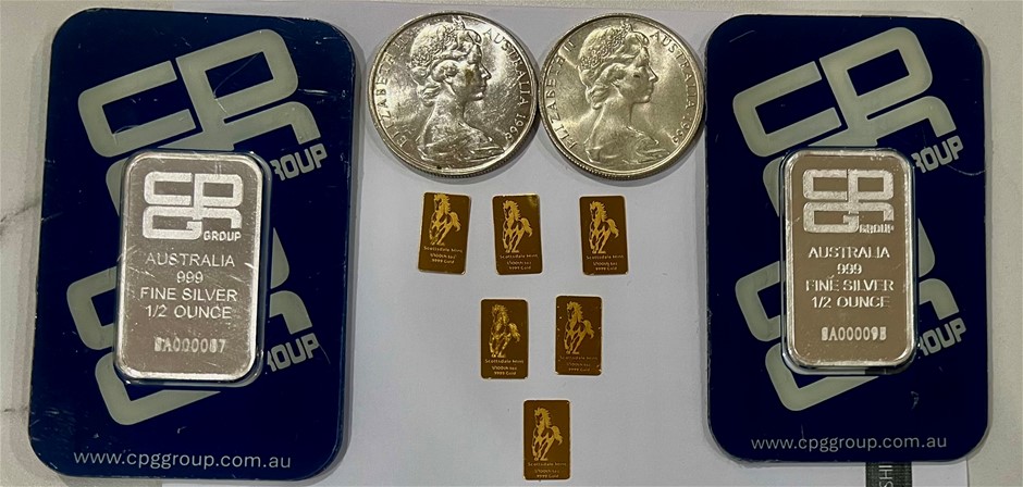 1/100 Scottdale x 6, 1966 Silver Australia x 2, 1/2 Ounce Bar x 2