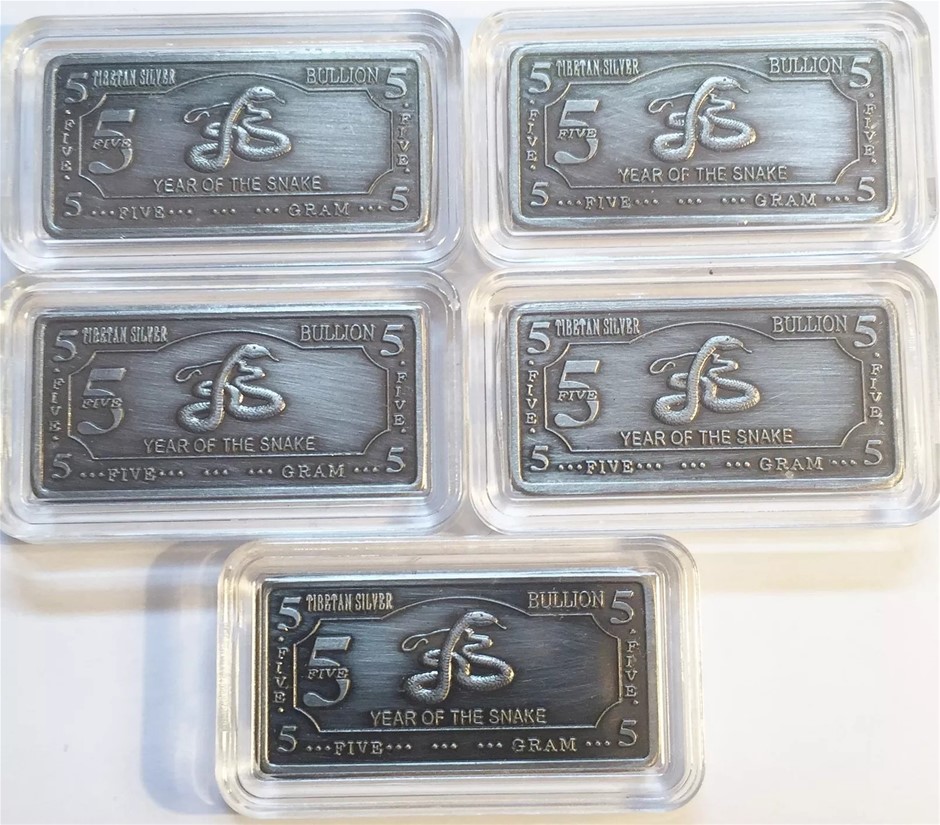5 x 5 Gram (25 grams) Tibetan Silver "Year Of The Snake" Ingots Bargain C