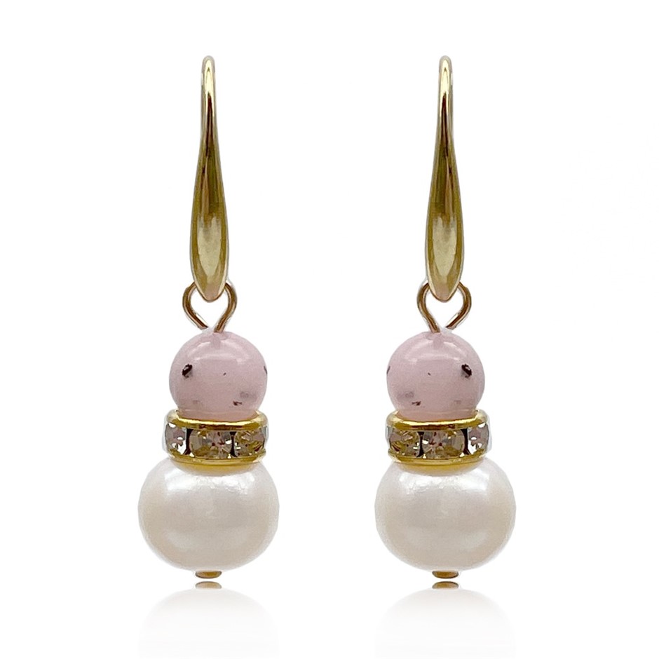 Cherry Blossom Jasper & Freshwater Pearl Gold Plated Drop Earrings