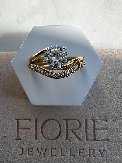 1.2ct Round Moissanite Contour Ring Set 18K Gold on Solid Sterling Silver