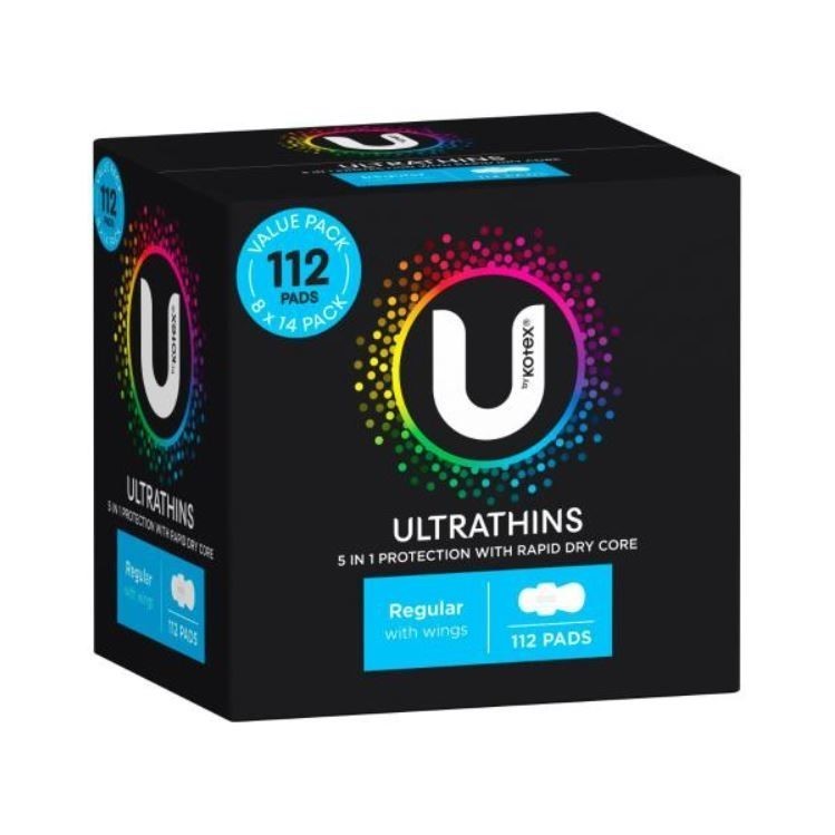 Box of 112pc U BY KOTEX Ultrathins Regular Pads w/ Wings. N.B: Damaged pack