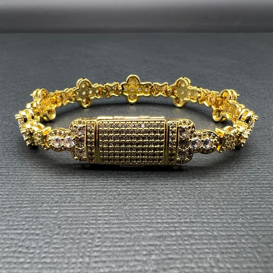 18K Gold-Filled Cross & Flower Bracelet with Simulated Diamonds - 20.3cm