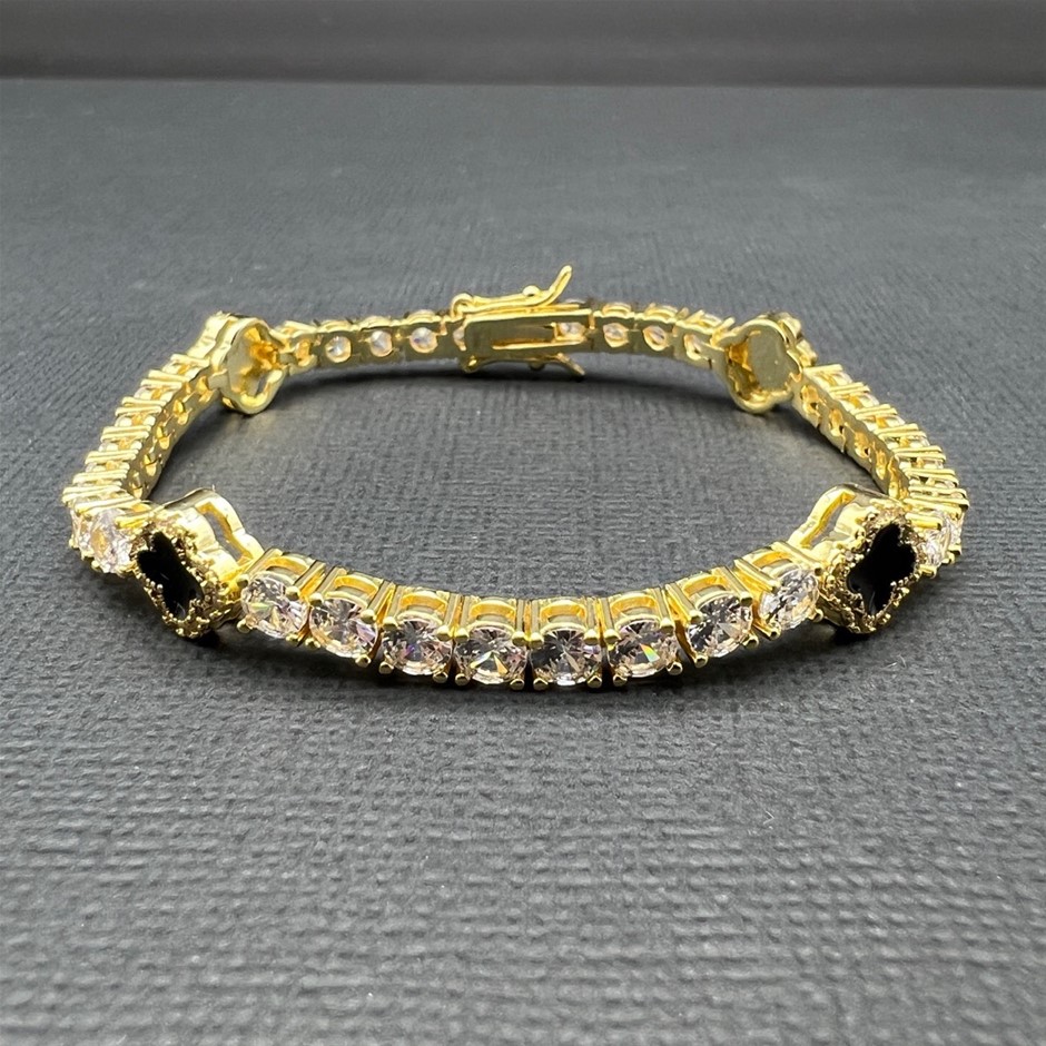 Gold-Filled Tennis Bracelet Four-Leaf Clover & Simulated Diamonds - 20.3cm