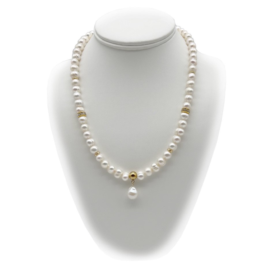 8-9mm White Potato Pearl with Baroque Pearl Teardrop Gold Plated Necklace