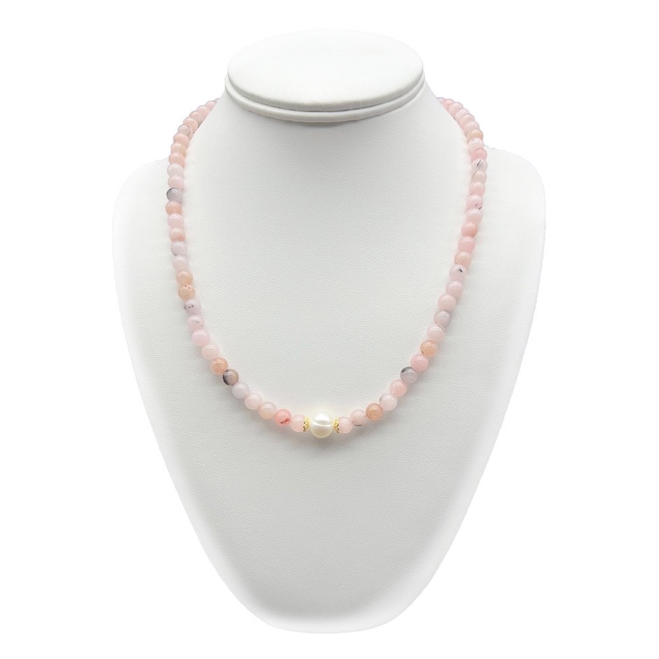 10mm White Pearls with Cherry Blossom Jasper Gemstone Necklace
