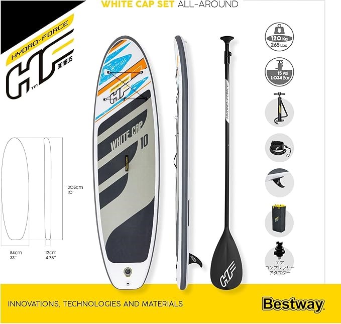 Bestway Hydro-Force SUP Paddle Board, White Cap Blow Up Paddleboard Set, wi