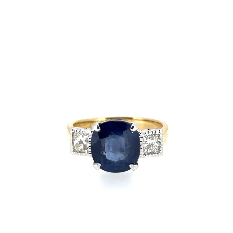 4.96ct Cushion Ceylon Blue Sapphire w/ AIG Cert. & 0.70ct 2 Stones Princess