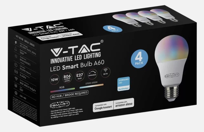4x V-TAC 10W LED RGB Smart Light Bulbs E27 WIFI Google Home AMAZON Alexa