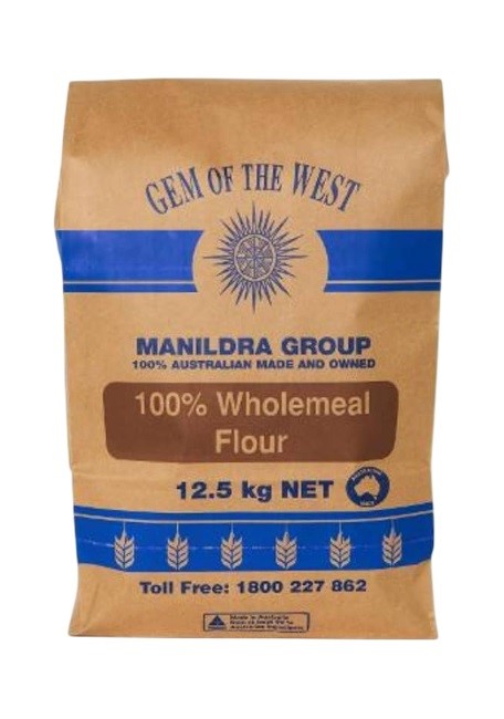 GEM OF THE WEST Manildra 100% Wholewheat Flour, 12.5kg. NB: Damaged packagi