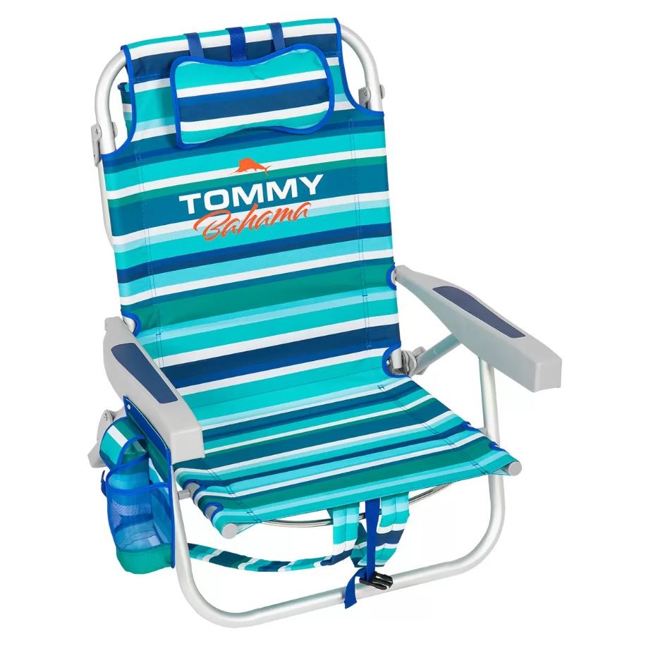 TOMMY BAHAMA 5-Position Beach Chair, Blue & Green Stripe.