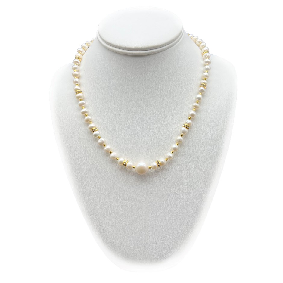 Large Central 13mm White Pearl & Rhinestone 18k Gold Plated Necklace