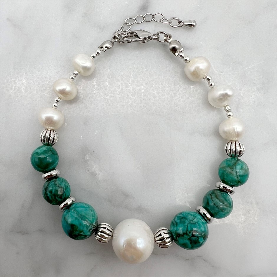 Large Central 13mm White Pearl, Afican Jasper 'Turquoise'  Bracelet.