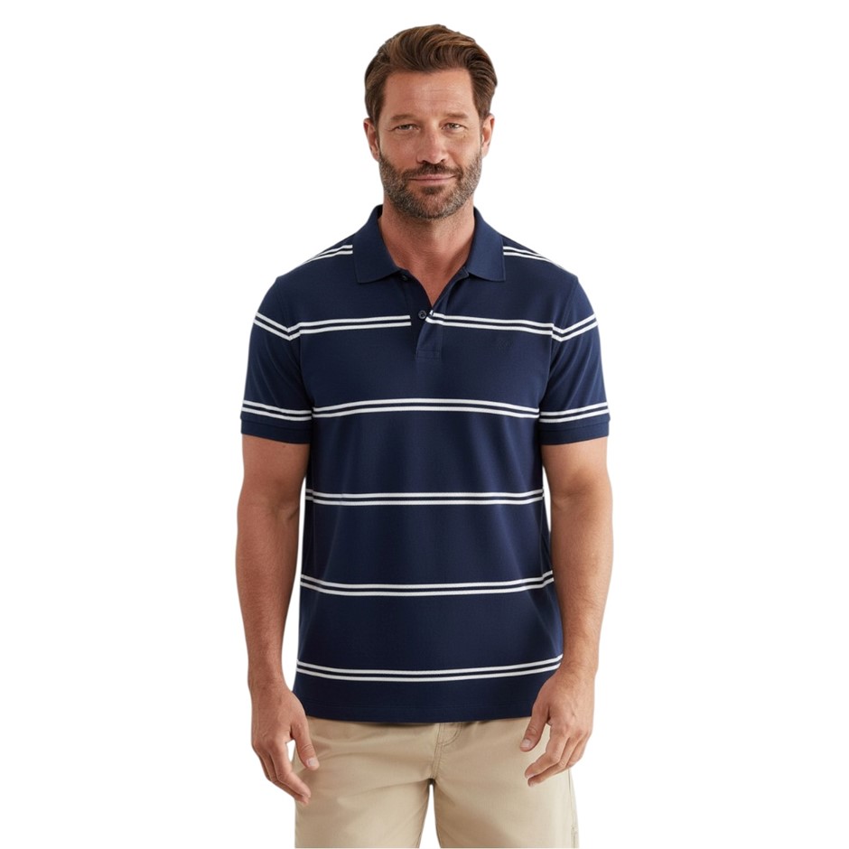SPORTSCRAFT Men's Hall Polo, Size S, Mid Navy/White Stripe, 100% Cotton, AG