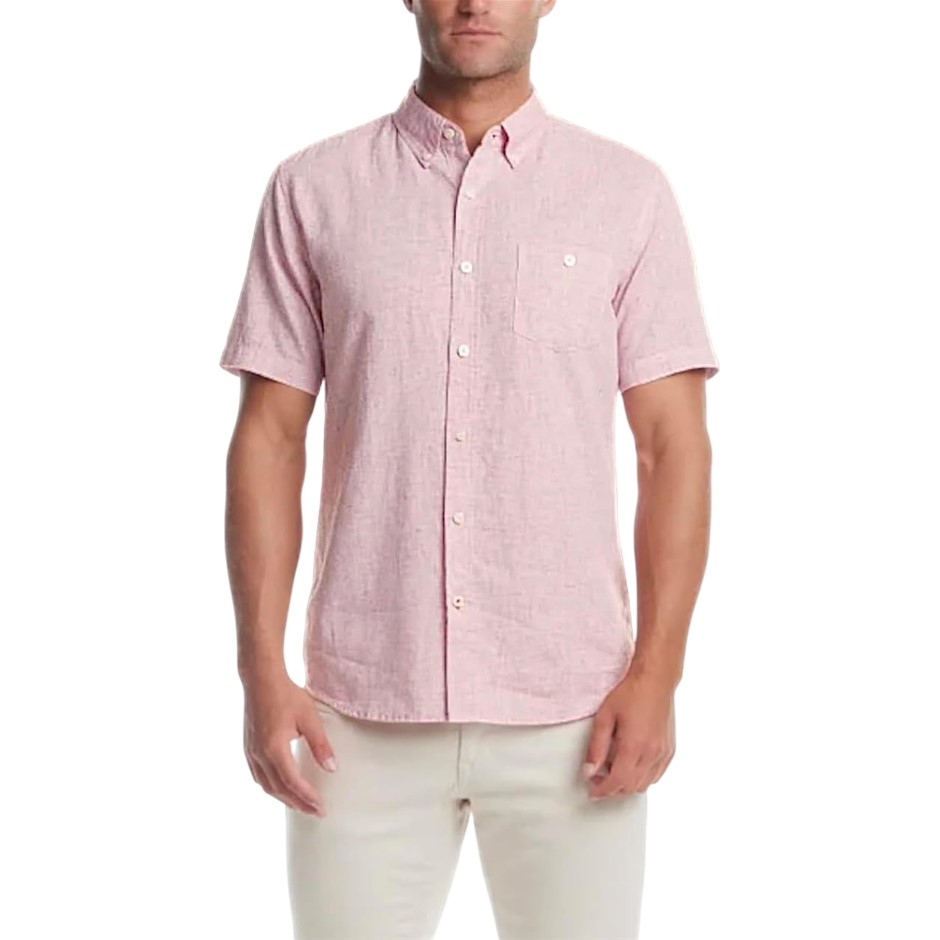 WEATHERPROOF Men's Linen S/S Shirt, Size M, 55%Linen/45%Cotton, Scarlet Sag