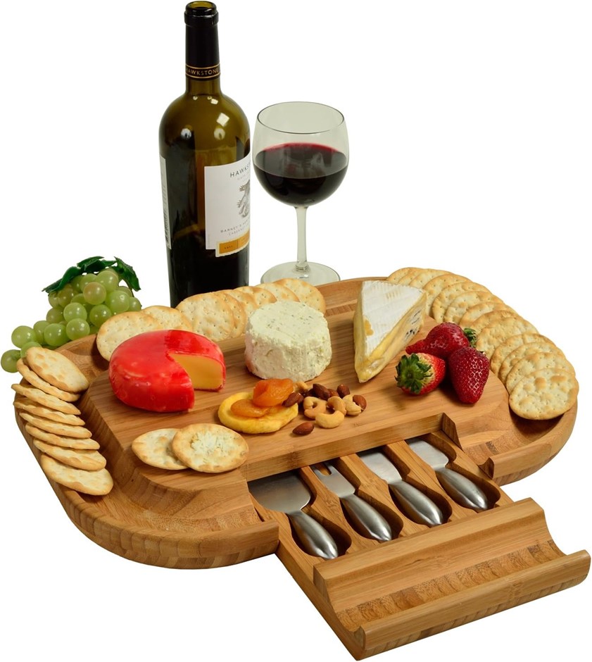 CARRARA HOME Malvern Bamboo Cheese Board w/ 4 Pieces Stainless Steel Servin