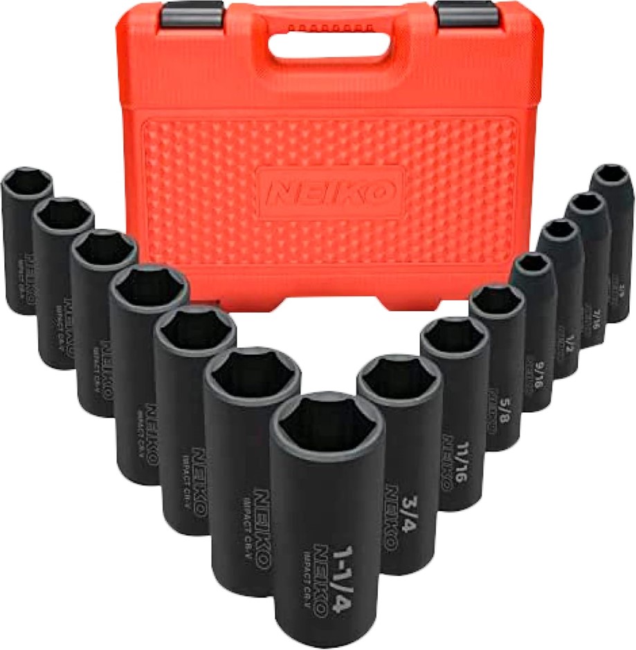 Neiko 1/2" Impact Socket Set, 14 Piece SAE Deep Socket Set (3/8-Inch to 1-1