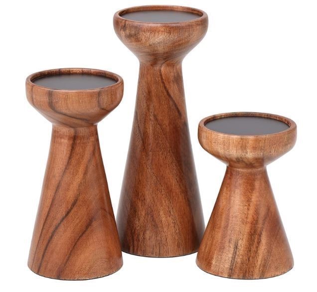 BIRDROCK HOME 3pc Flare Candleholders Gift Set Farmhouse Wooden Candle Hold