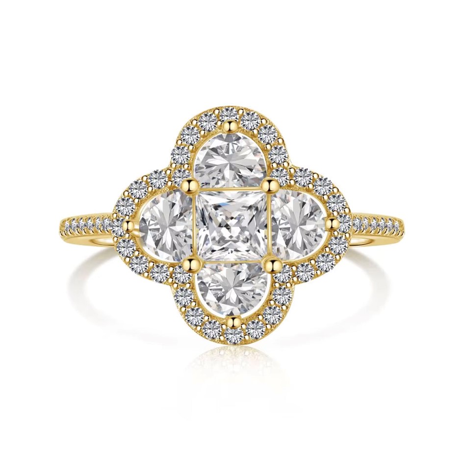 Clover Style Simulated Diamond 18K Gold Filled 925 Silver Ring - Size 9