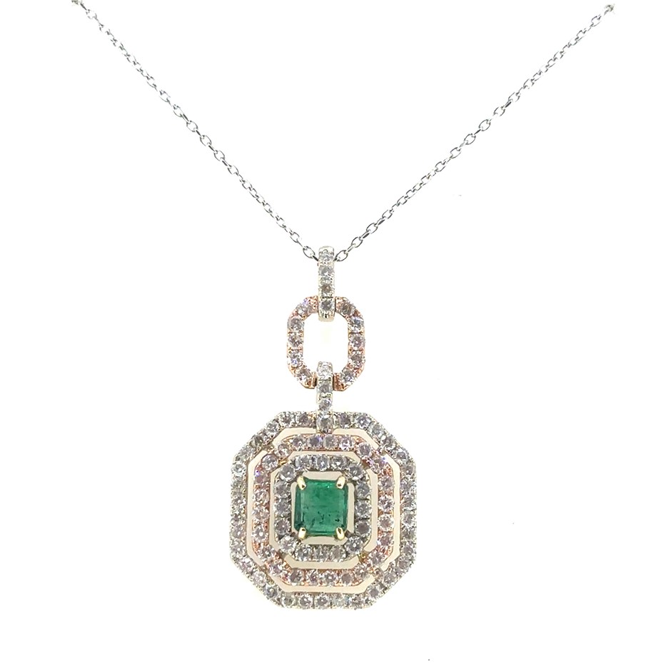 0.78ct Emerald Cut Emerald & 2.30ct 91 Stones G/SI-P1 Dia Pendant 18K White