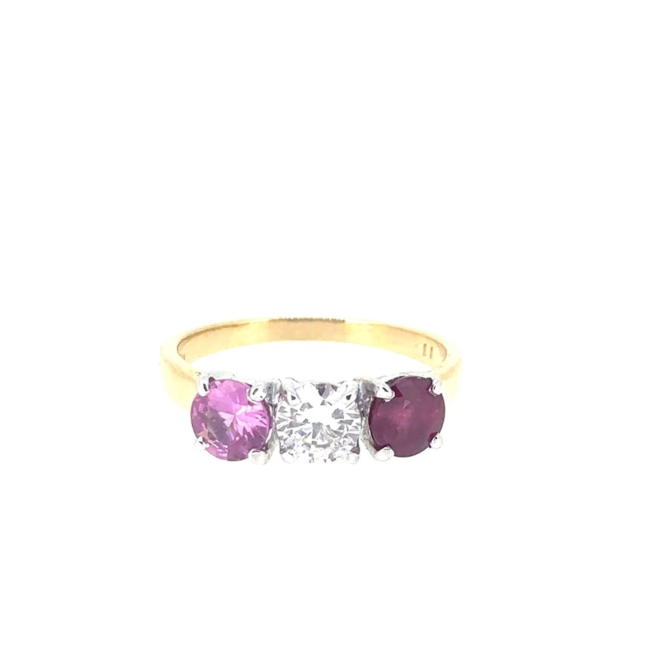 0.54ct F/VS Dia. & 0.86ct a Round Ruby & 0.58ct Pink Ring 18K 2 Tone Gold