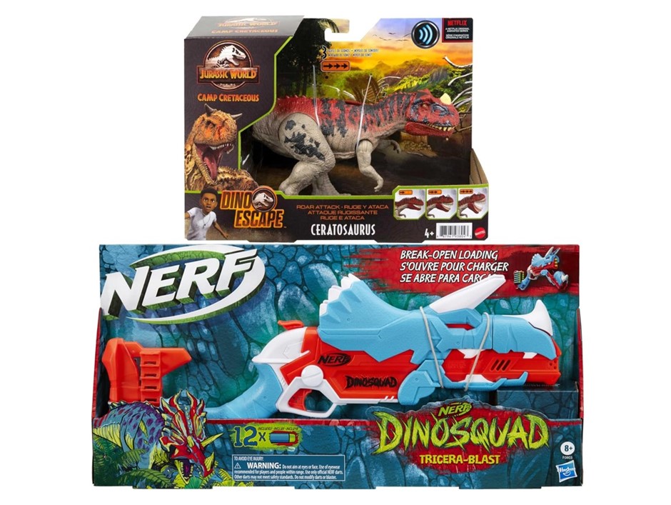 2 x Assorted Kids Toys, NERF & MATTEL, Comprising: 1 x DinoSquad Tricera-bl