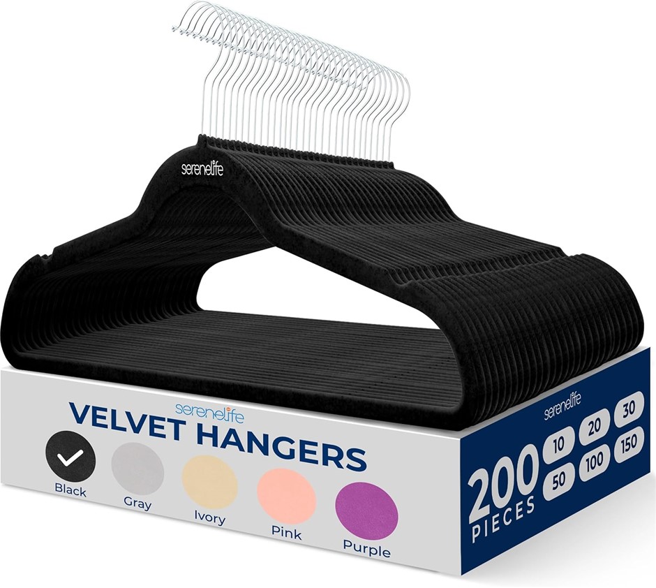 SERENE LIFE Non-Slip Velvet Hangers, Mega Pack, 200 Pieces Hangers for Clot