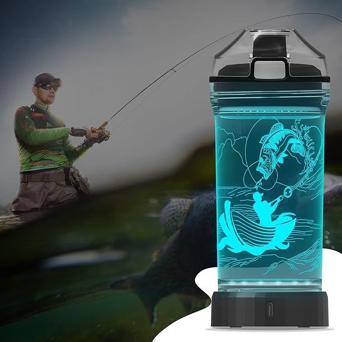 YUANDIAN Light Up LED Water Bottle w/ Carry Loop, 3D Go Fishing Design, Tri