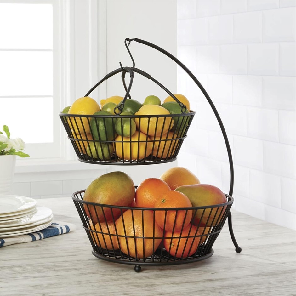 GOURMET BASICS BY MIKASA Tully 2-Tier Iron Storage Basket with Banana Hange
