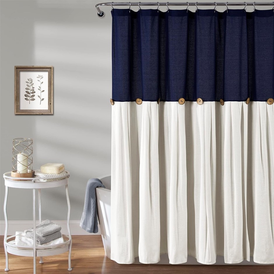LUSH DECOR Linen Button Shower Curtain, 72" W x 72" L, Navy/Off White.