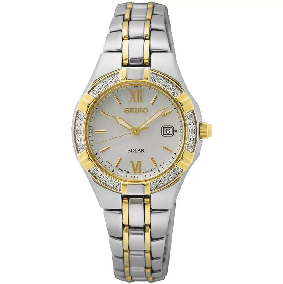 SEIKO Ladies Couture Two Tone Watch, 18 Diamonds, Solar, Model SUT426P. NB: