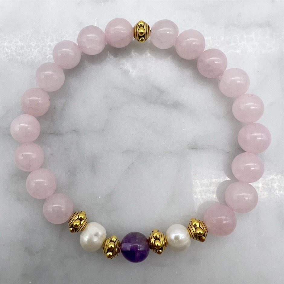 Rose Quartz, Amethyst, Pearls & Antique Gold Bracelet
