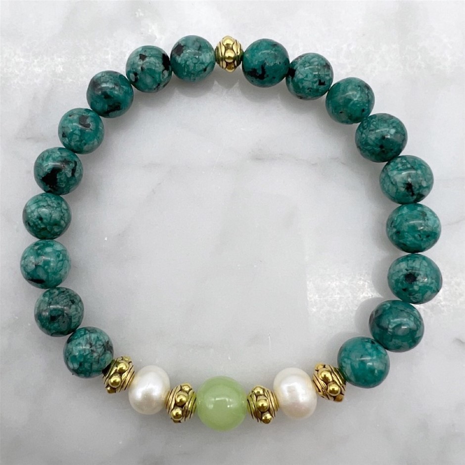 African Jasper 'Turquoise', Flower Jade, Pearls & Antique Gold Bracelet