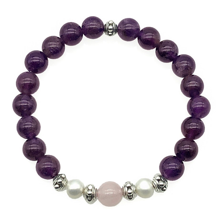 Amethyst, Rose Quartz & Pearls Stretchy Bracelet