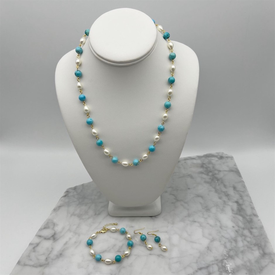 Teardrop Glass Pearls & Turquoise Necklace, Bracelet & Earring Set