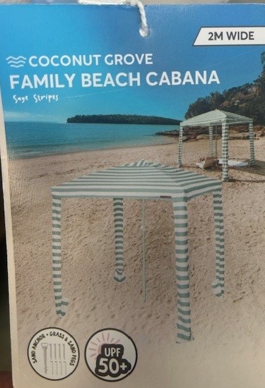 COCONUT GROVE Family Beach Cabana, 2m Wide, Sage Stripes. NB: Dusty, condit