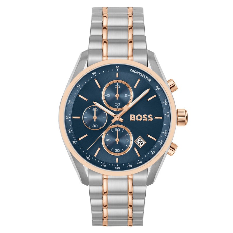 BOSS Men's Grand Prix Chronograph Japan Movement Watch, Blue Dial, Two-Tone