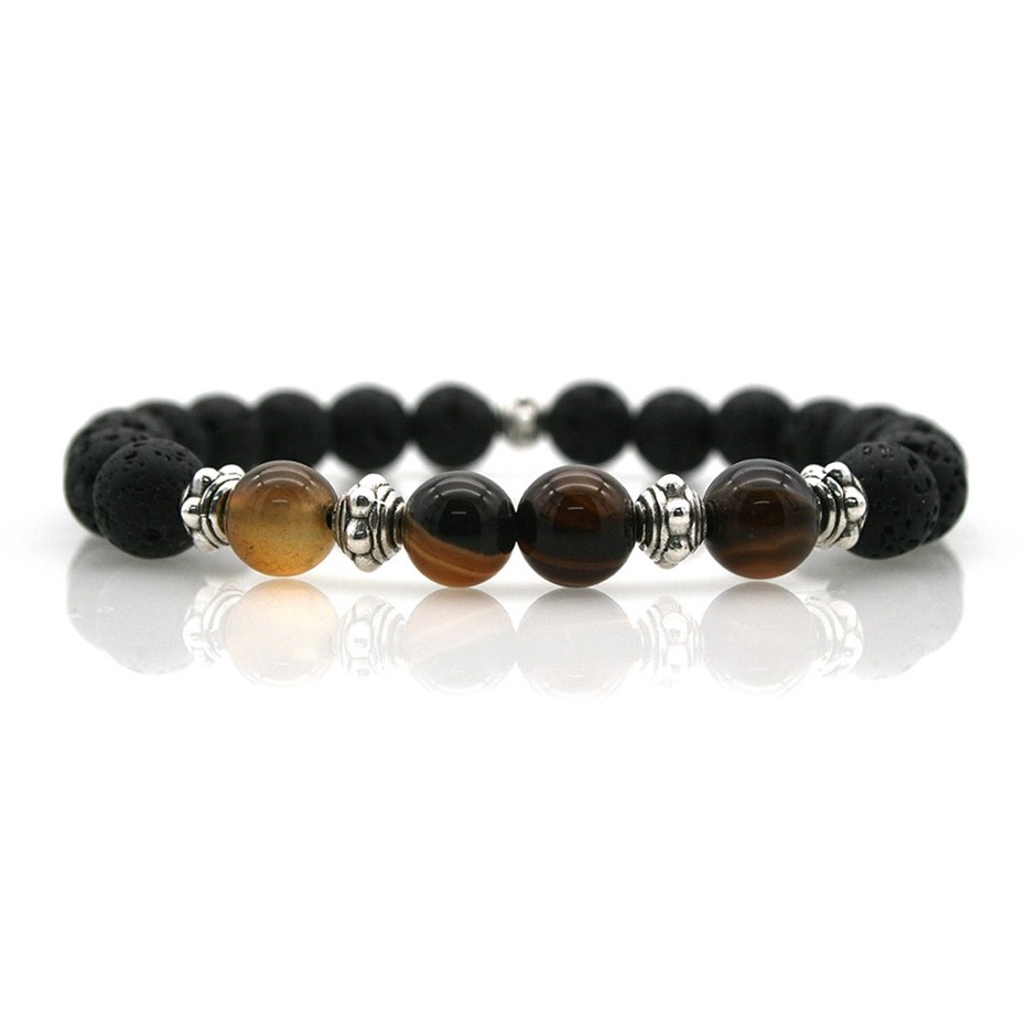 Men's 8mm Black Lava, Stripey Agate & Silver Beads Bracelet