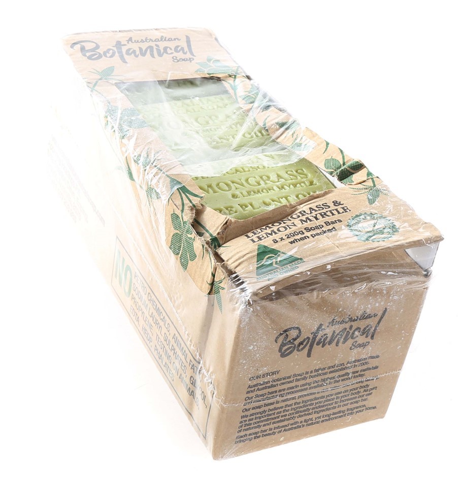 8 x BOTANICAL Soap Bars 200g, Lemongrass & Lemon Myrtyle. NB: Damaged packa