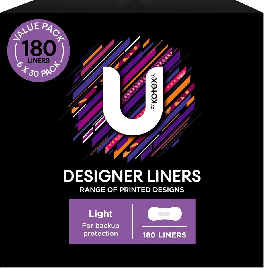 U BY KOTEX Designer Series Liners 180 Count (6 x 30 Pack), Packaging of Box
