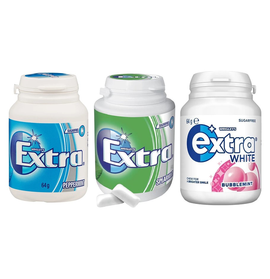 22 x WRIGLEY'S Extra Gum 64g, Incl: Peppermint, Spearmint & Bubblemint. Bes