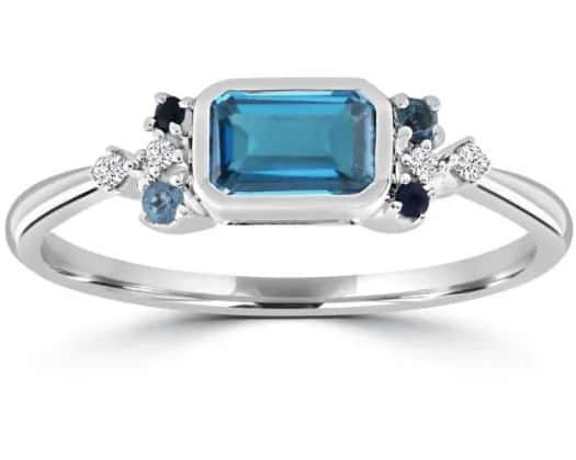 9K WHITE GOLD 0.05CT HI I1 DIAMOND BRACELETUE TOPAZ RING